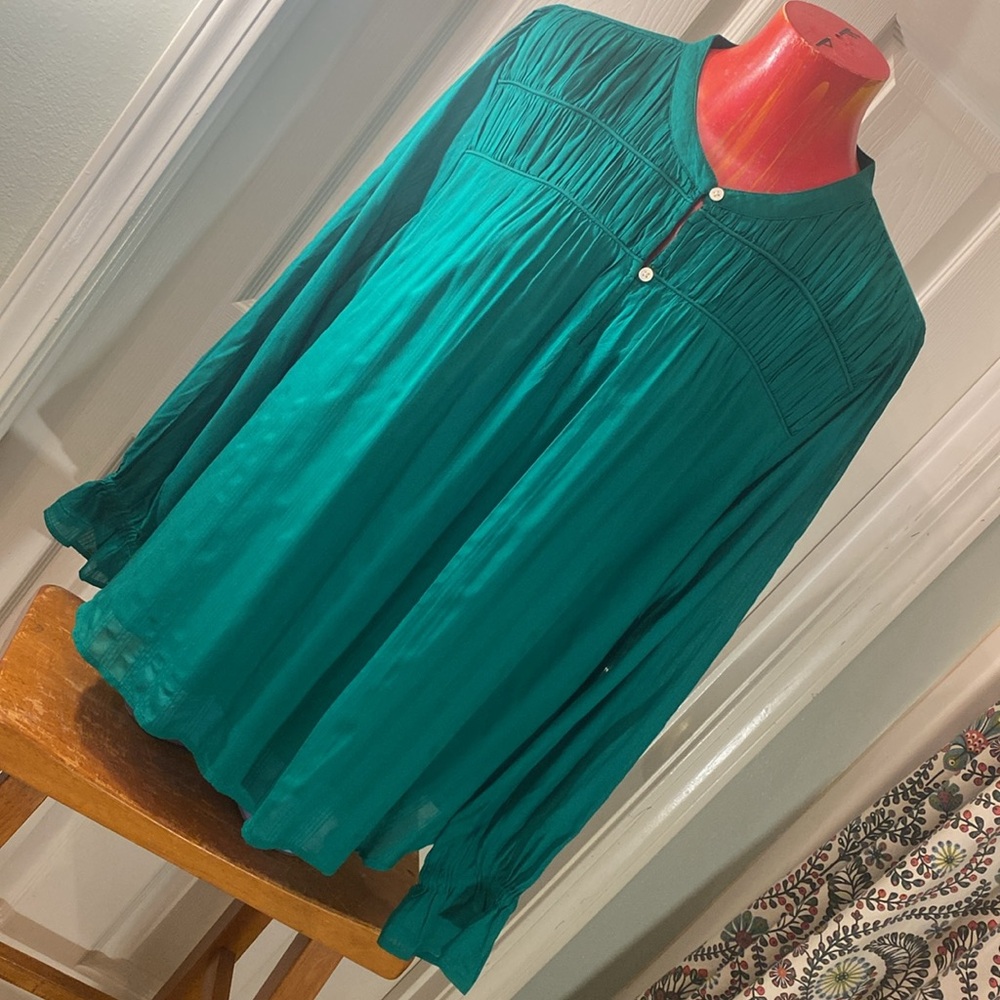 LOFT Emerald Green Relaxed Blouse with Mandarin Collar